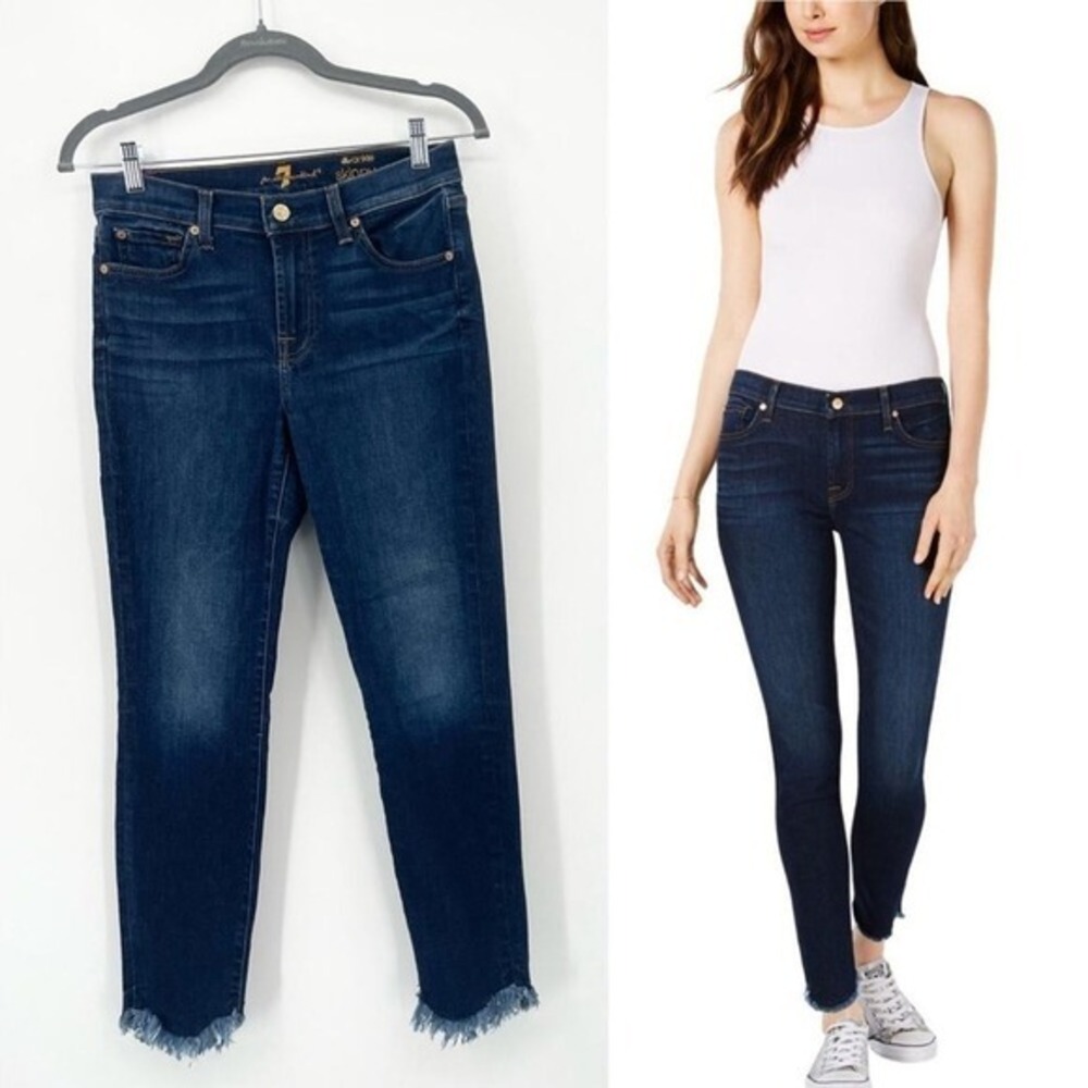7 For All ManKind Skinny Jeans Raw Scallop Frayed Hem Size 28 Dark‎ Wash